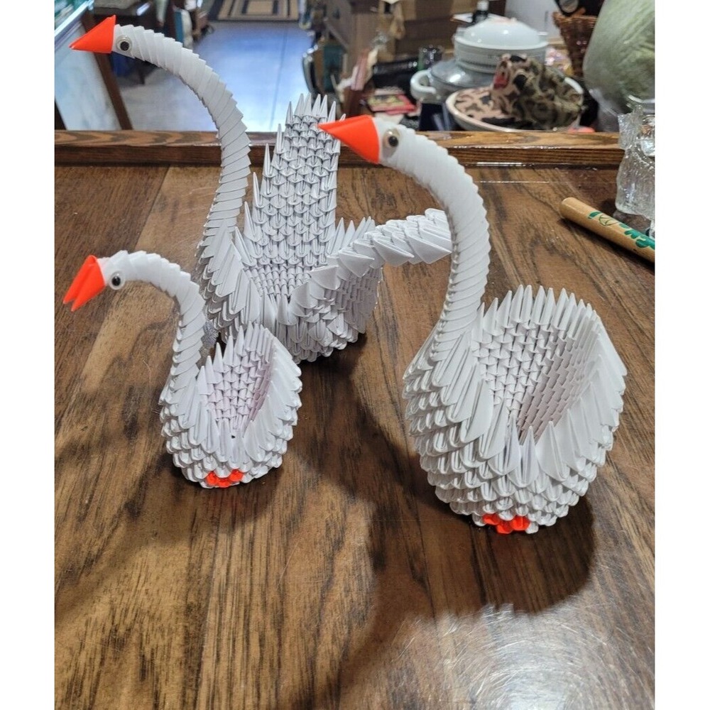 3 Handcrafted 3D Origami Folded Paper white Swan Goose Basket, 7"